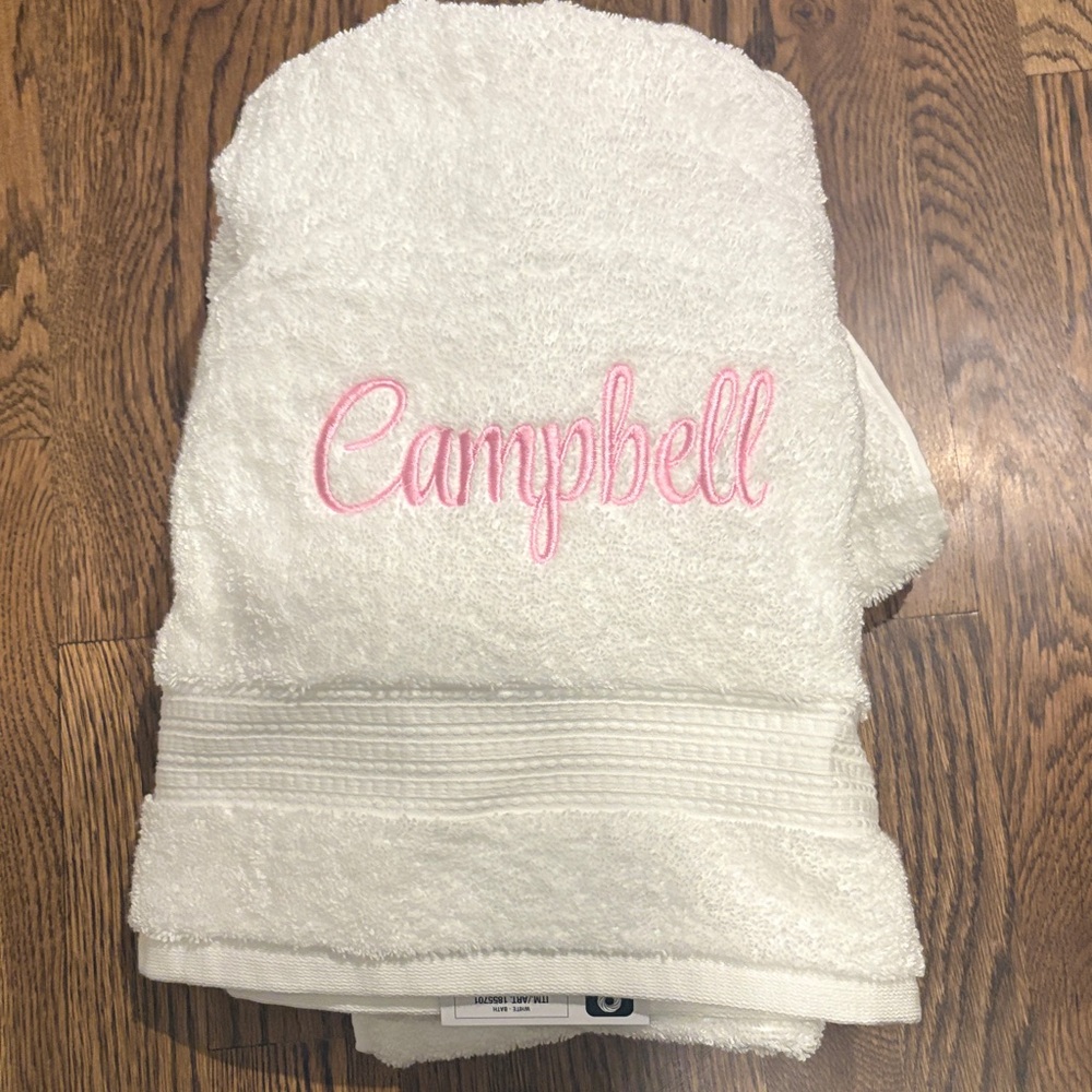 White bath Towel with Pink Embroidery monogram CAMPBELL